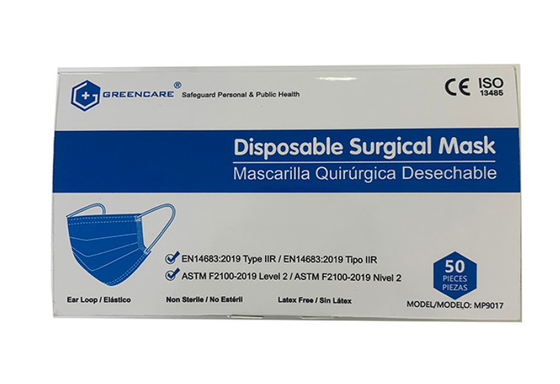 Astm F2100-19 Level 2 510k /En 14683-2019 Type Iir 3-Ply Disposable Medical Surgical Mask