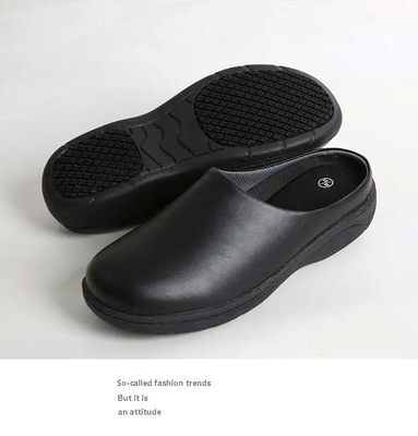 Casual Black Lightweight Nurse Shoes Non Slip Rubber Sole Slippers Waterproof Cowhide Leather Chef Shoes