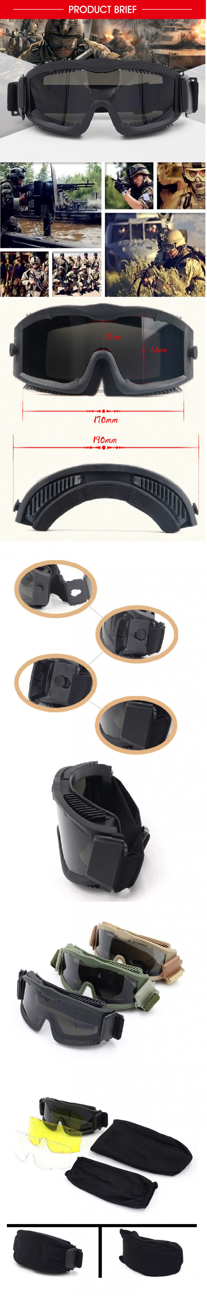 Spherical Military Style Sunglasses , Ballistic Shooting Glasses Elastic Headband Strap